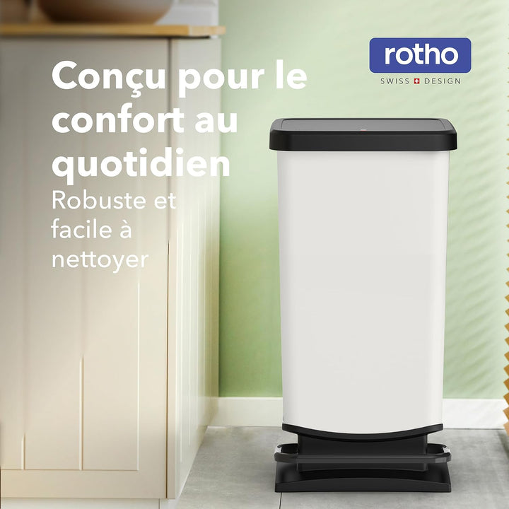 Rotho Paso Mülleimer 40 Liter mit Pedal und Deckel, Kunststoff (PP) BPA-frei, weiss metallic, 40l (3