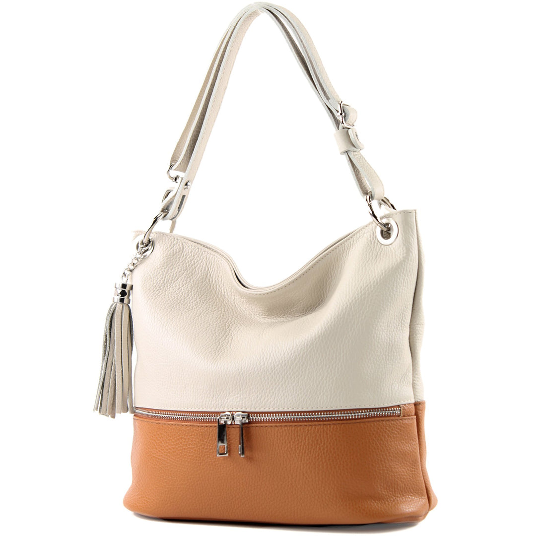 modamoda de - T143 - ital. Leder Schultertasche Umhängetasche Cremebeige/Camel, Cremebeige/Camel