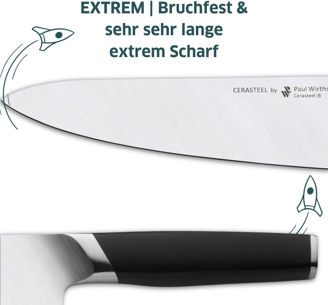 Paul Wirths CERASTEEL Brotmesser | Bruchfeste &amp; extrem scharfe Klinge aus Keramik &amp; Edelstahl | Klin