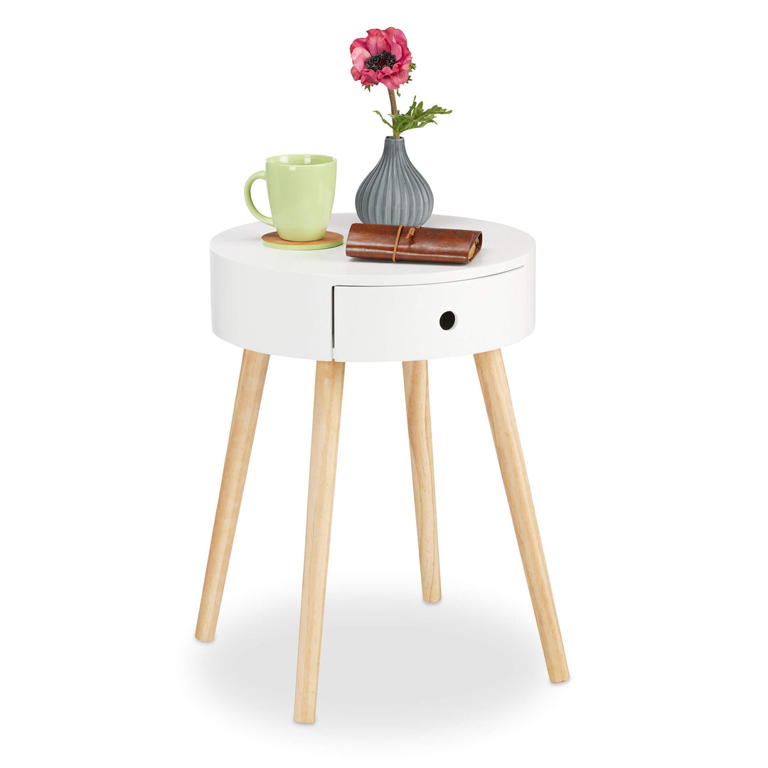 Relaxdays, weiss Beistelltisch rund, Schublade, skandinavisches Design, Couchtisch oder Nachttisch,