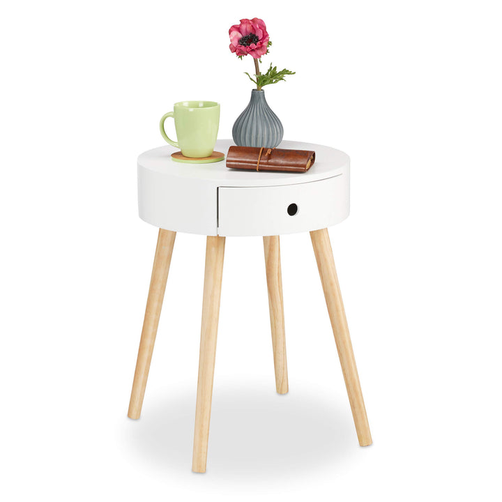 Relaxdays, weiss Beistelltisch rund, Schublade, skandinavisches Design, Couchtisch oder Nachttisch,
