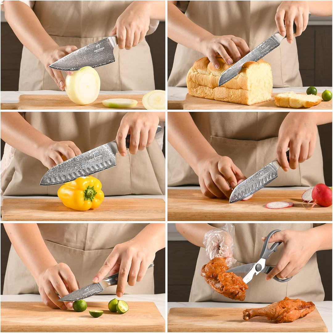 NANFANG BROTHERS Damascus Kitchen Knife Set 7 Piece with Block, Non-Slip ABS Handle, Ultra Sharp Sta