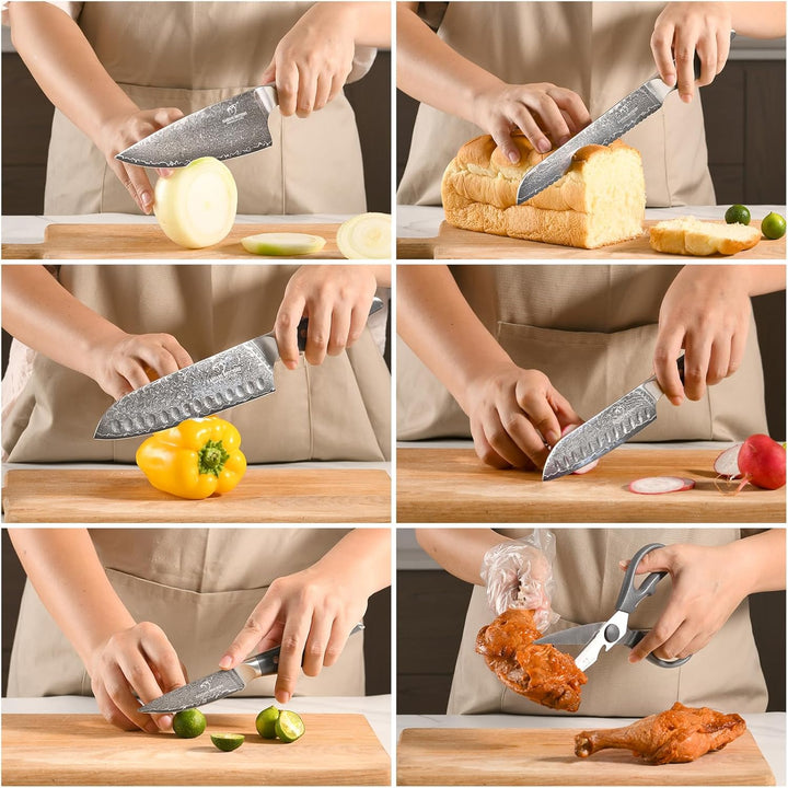NANFANG BROTHERS Damascus Kitchen Knife Set 7 Piece with Block, Non-Slip ABS Handle, Ultra Sharp Sta