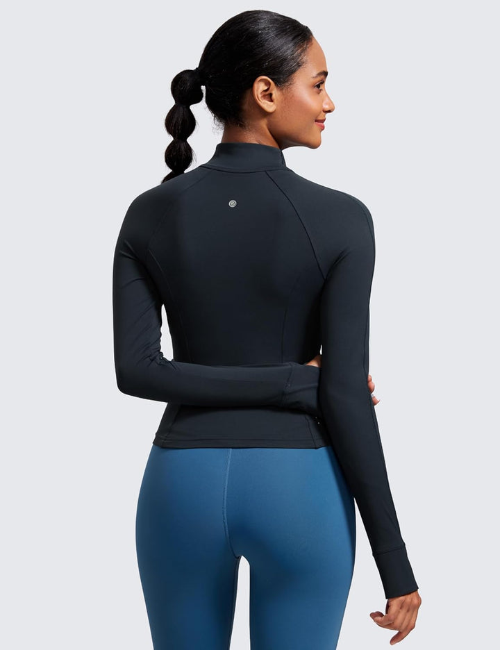 CRZ YOGA Damen Butterluxe Full Zipper Sport Jacke Zip Tasche Crop Running Laufjacke Gym Langarmshirt