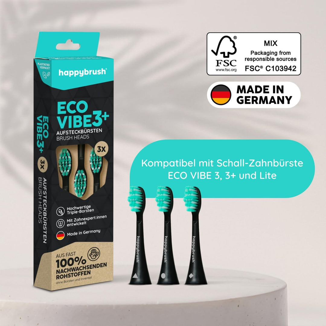 happybrush® Nachhaltige Aufsteckbürsten für elektrische Schall-Zahnbürste Eco VIBE 3 - Schwarz/Mint