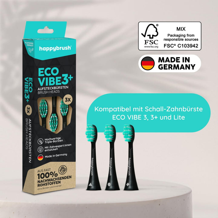 happybrush® Nachhaltige Aufsteckbürsten für elektrische Schall-Zahnbürste Eco VIBE 3 - Schwarz/Mint