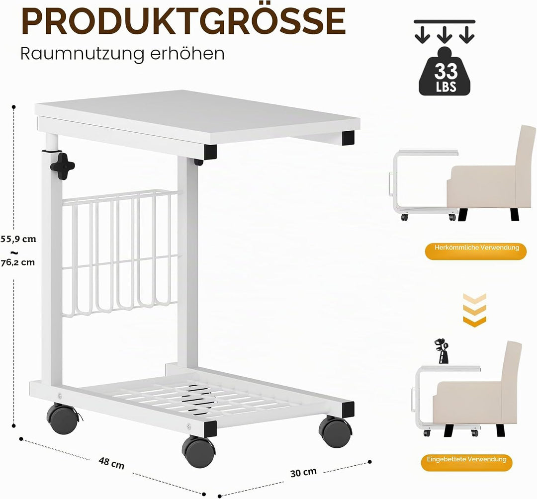 SogesHome Laptoptisch Beistelltisch Höhenverstellbarer Tisch mit Rollen, 48 cm x 30 cm PC Tisch Note