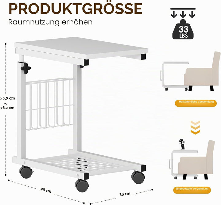 SogesHome Laptoptisch Beistelltisch Höhenverstellbarer Tisch mit Rollen, 48 cm x 30 cm PC Tisch Note