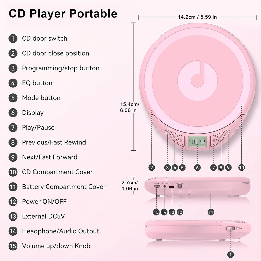 Gueray CD Spieler Tragbarer CD-Player Persönliche CD Player mit Kopfhörer LCD Display Anti-Skip Schu