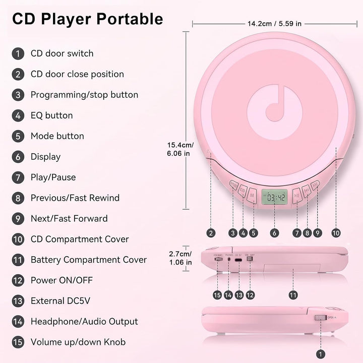 Gueray CD Spieler Tragbarer CD-Player Persönliche CD Player mit Kopfhörer LCD Display Anti-Skip Schu