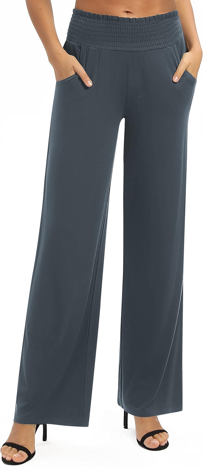 EXCHIC Damen Einfarbig Lose Gerade Geschnitten Palazzo Hose Hohe Taille Dehnbar Lounge Hose mit Tasc