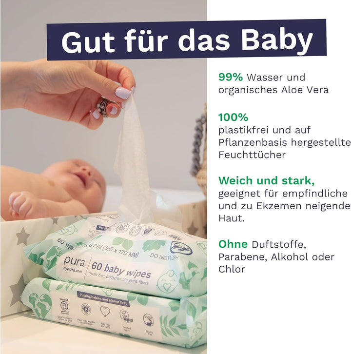 Pura Öko-Feuchttücher für empfindliche Babyhaut, 180 Tücher (3 x 60 Tücher), Monatsbox, 99% Wasser,