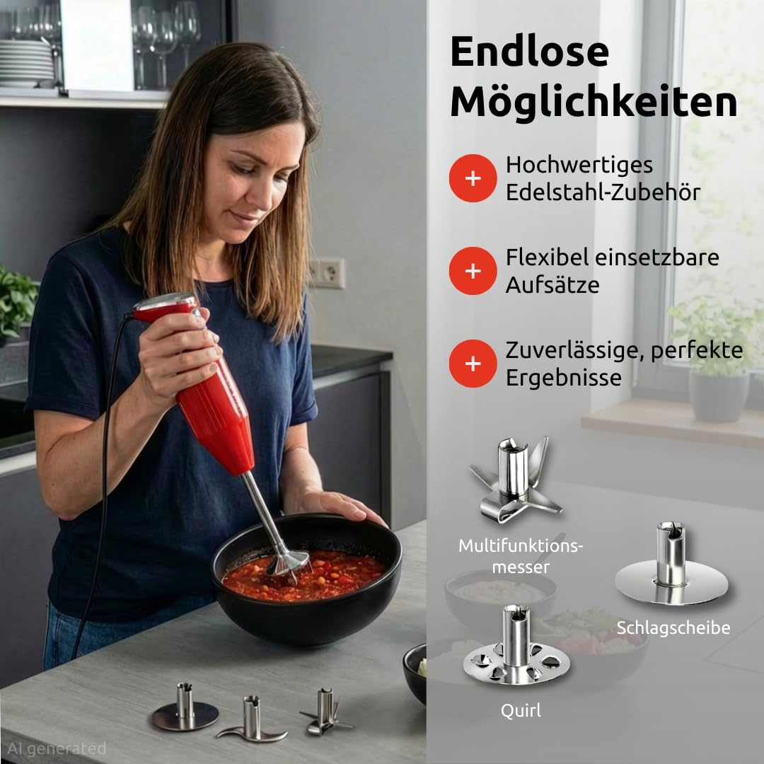 bamix Stabmixer Set M250 PRIME inkl. Multifunktionsmesser, Quirl, Schlagscheibe aus Edelstahl, 250 W