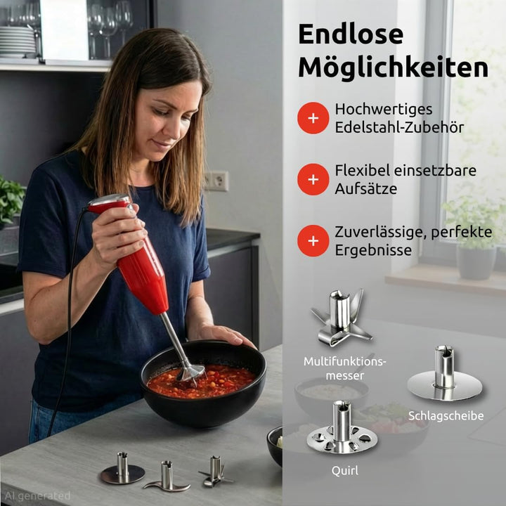 bamix Stabmixer Set M250 PRIME inkl. Multifunktionsmesser, Quirl, Schlagscheibe aus Edelstahl, 250 W