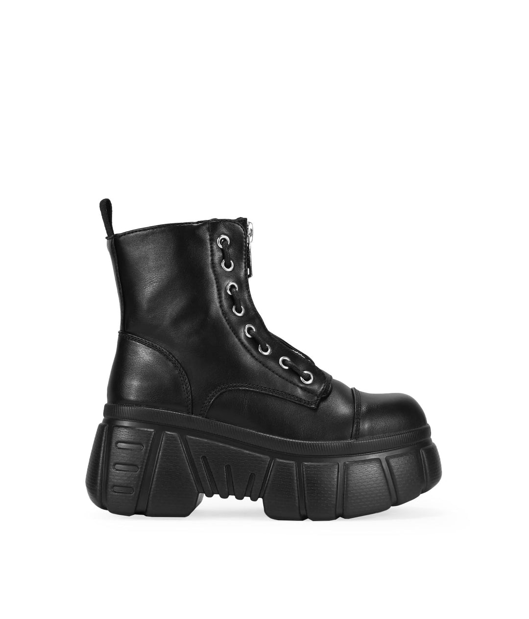 BOSANOVA Militärstiefel aus veganem Leder mit Frontreissverschluss, dekorative seitliche Schnürung u