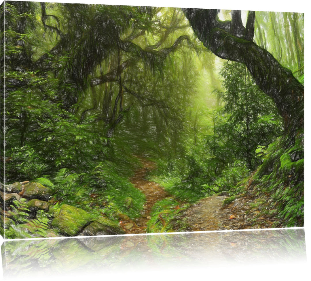 Pixxprint Mystischer Regenwald Bunstift Effekt, Format: 100x70 auf Leinwand, 100x70