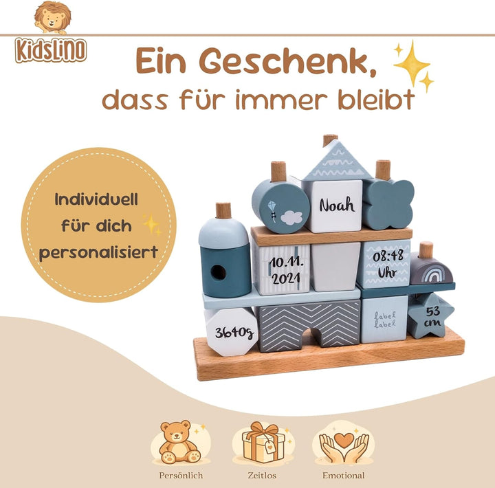 Personalisiertes Holz Steckspiel Haus Blau – Baby Geschenk zur Geburt Junge – mit Name & Geburtsdate
