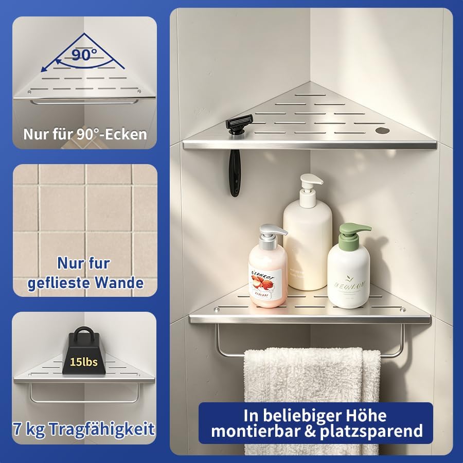 Eck-Duschregal aus 304-Edelstahl,Eckregal Dusche mit Handtuchstange | 25,4 cm Duschablage Ecke für B
