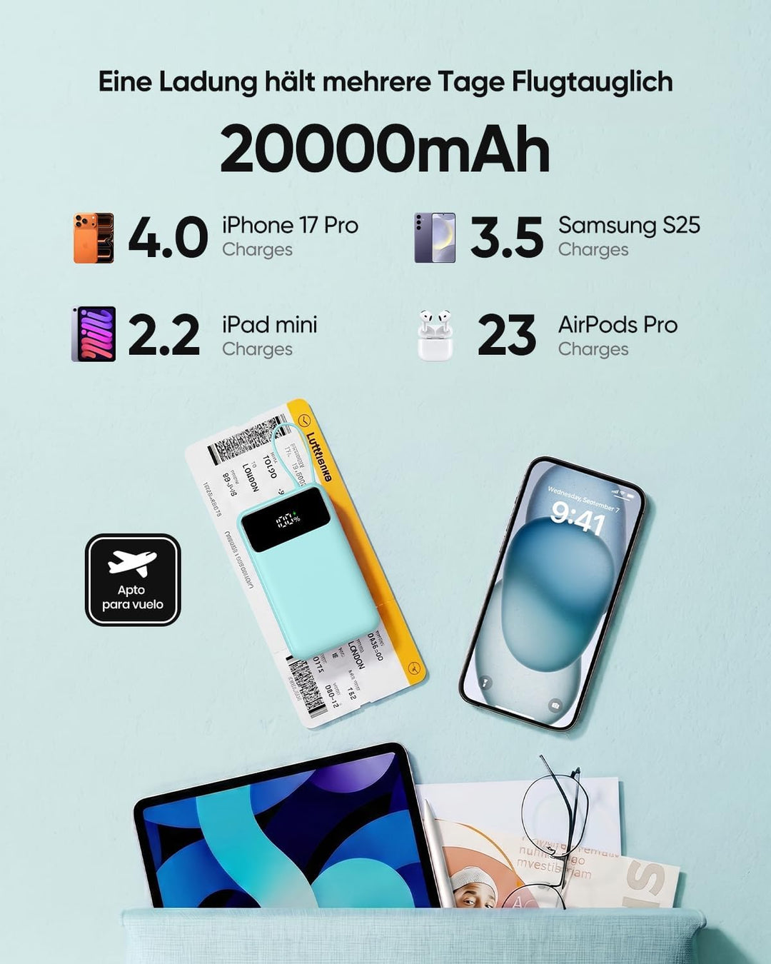 A ADDTOP 20000mAh Power Bank mit 4 integrierten Kabel, Ultra Klein 22.5W Schnellladen Powerbank, PD