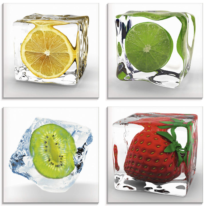 ARTland Glasbilder Wandbild Glas Bild Set 4 teilig je 20x20 cm Quadratisch Früchte im Eiswürfel Obst