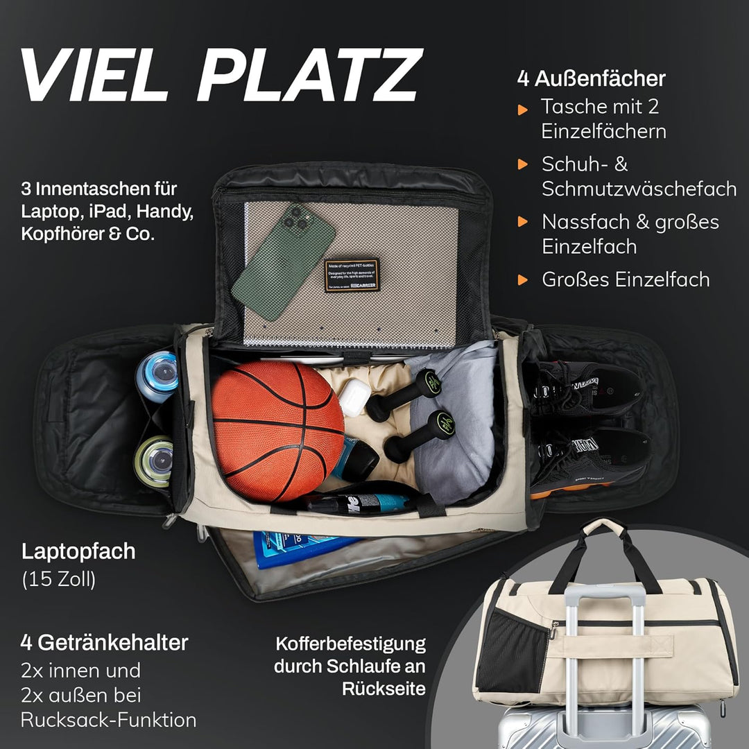 Sporttasche [RECYCELTES PET] 50L –Gym Bag und Rucksack in Einem –wasserdichte Trainingstasche Herren