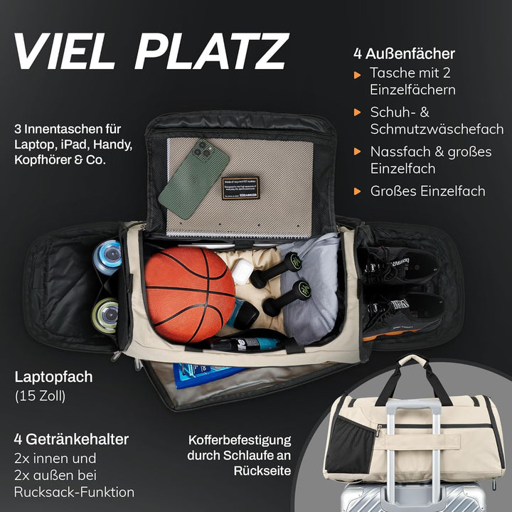 Sporttasche [RECYCELTES PET] 50L –Gym Bag und Rucksack in Einem –wasserdichte Trainingstasche Herren
