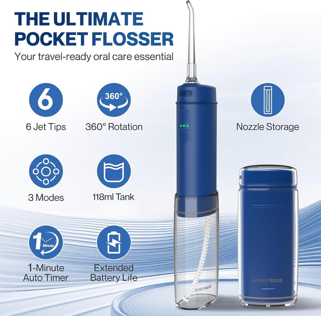 BarberBoss Pocket Flosser, Tragbare Munddusche für Zähne, 6 austauschbare Spitzen & USB-C Wiederaufl