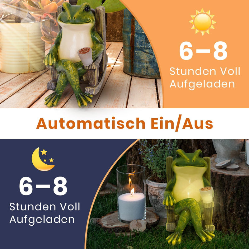 Umikk Frosch Figuren Draussen Deko Solar Garten Figuren Ornament mit Solar Lampe, Outdoor Frosch Sta