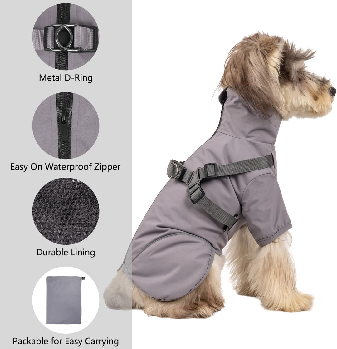 Graue mittelgrosse Hunde-Regenjacke, wasserdicht mit Geschirr - leicht anzuziehen, reflektierender R