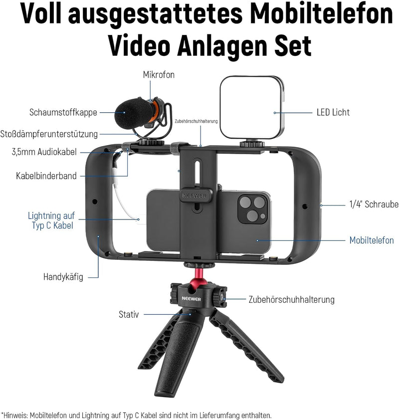 NEEWER Telefonstabilisator Video Rig Set für Videoaufzeichnung Vlogging, Telefonkäfig mit LED Videol