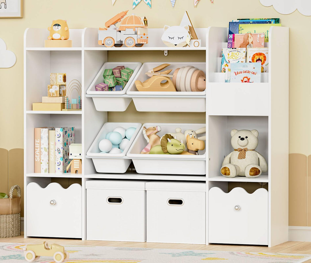 HOMMPA Holz Kinder Bücherregal Kinderregal mit 4 Boxen und Schubladen kommode Kinderzimmer Regal Wei