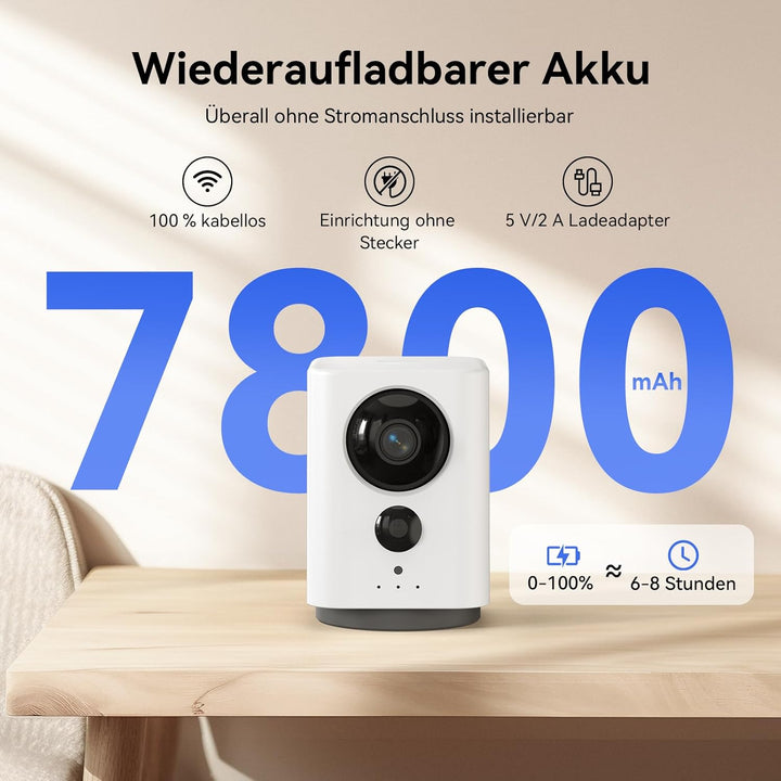 2K WLAN Überwachungskamera Innen 7800mAh Akku, Indoor Kamera Kabellos | 360° PTZ, Aufladbar IP Innen