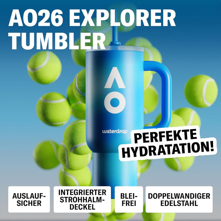 waterdrop® Australian Open 2026 Trinkflasche 1,1L - Edelstahl Isolierflasche mit Strohhalm & Griff,