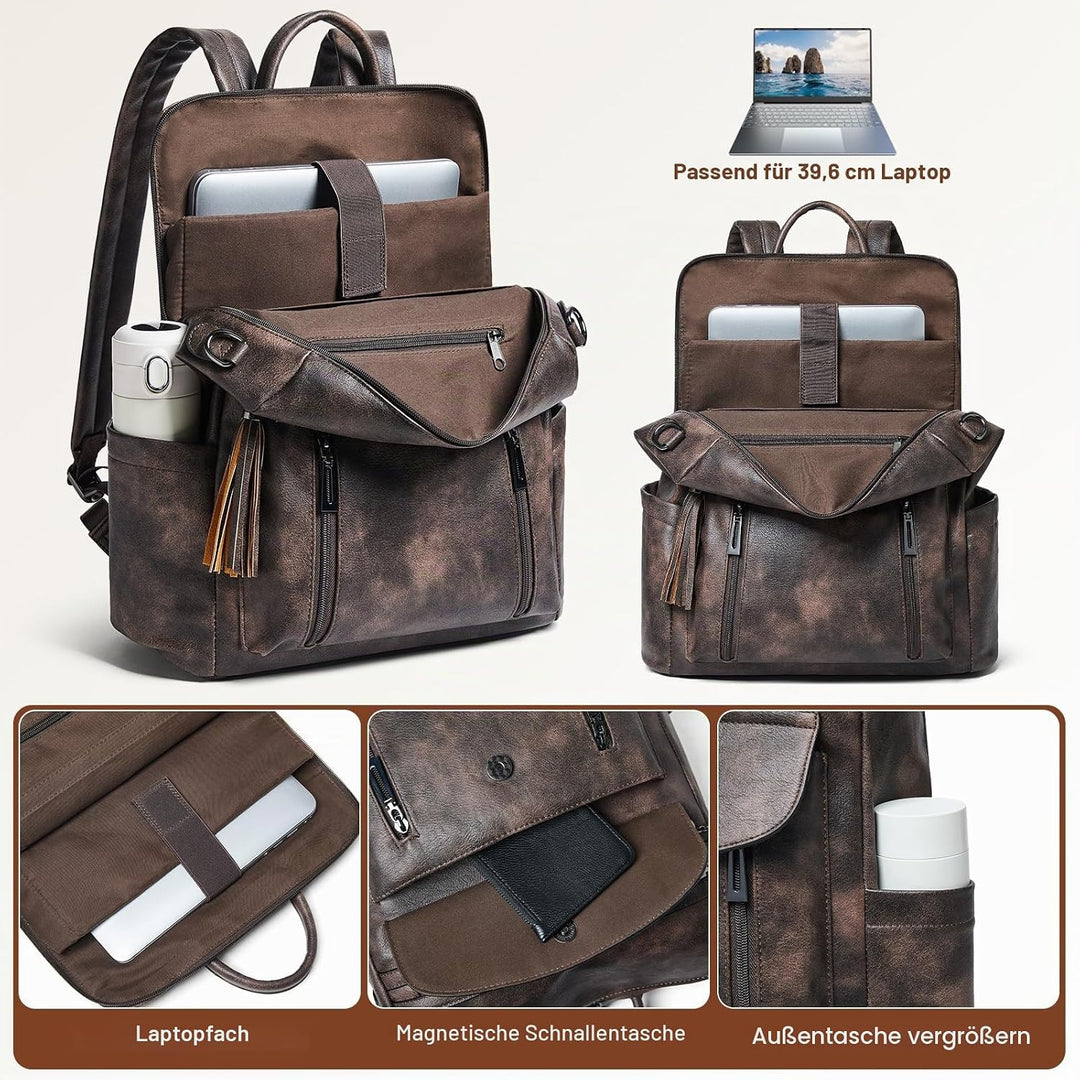 Shrrie Laptop-Rucksack für Damen, 15,6 Zoll Reise-Rucksack aus Leder, Handgepäck-Rucksack Computerta