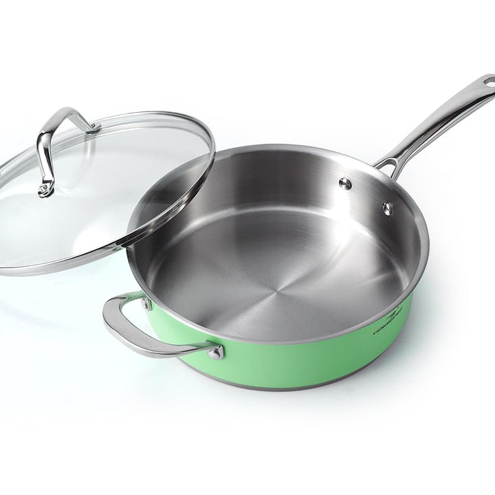 HOMICHEF 24 cm Mintgrün Nickel Frei Edelstahl Sauteuse mit Glasdeckel - 2,36 L ungiftig tief Bratpfa