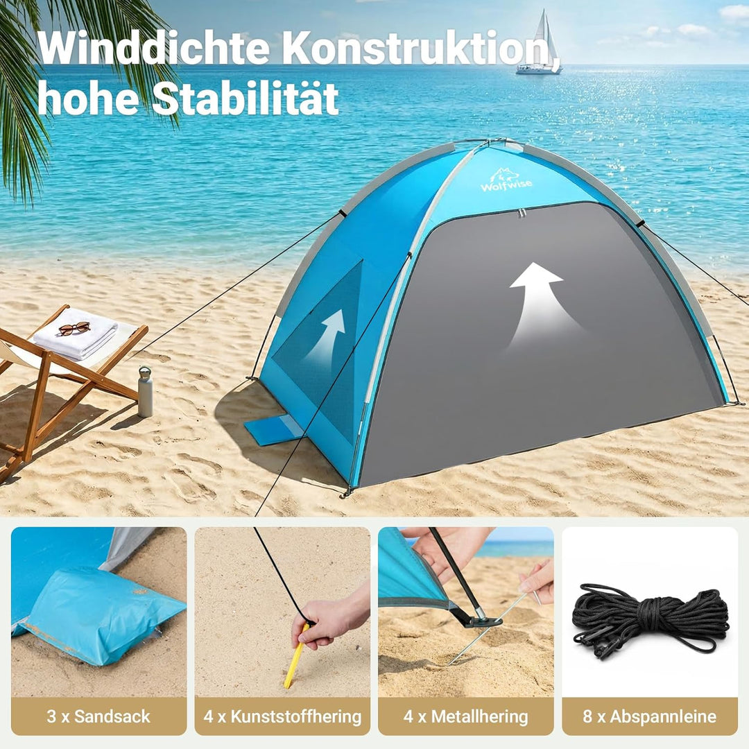 Wolfwise grosse Strandmuschel UV Schutz für 3-4 Personen, Strandzelt grosszügig mit Sonnenschutz UPF