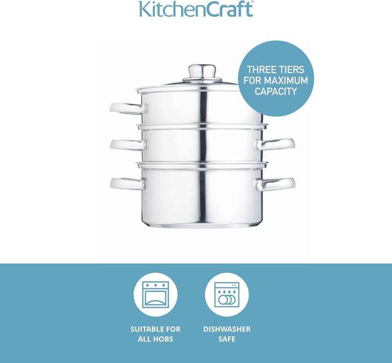 KitchenCraft Multifunktioneller Kochtopf Set, Dampfgarer/Suppentopf mit 3 Töpfen und Deckel, Indukti