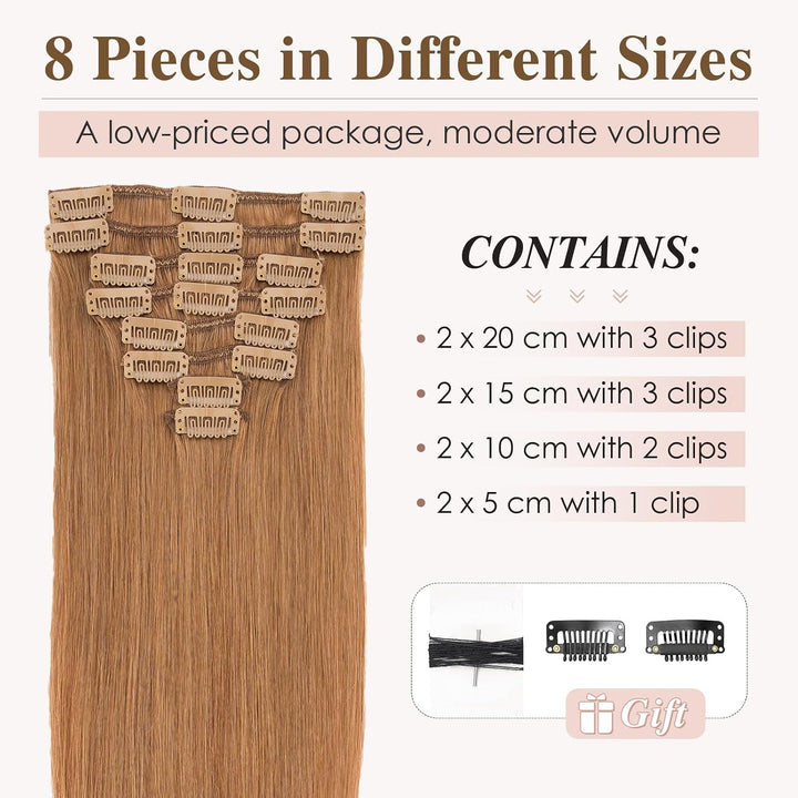 TESS Clip in Extensions Echthaar, 8pcs Clip in Haarverlängerung Remy Echt Haare Natürliche 18 Clips