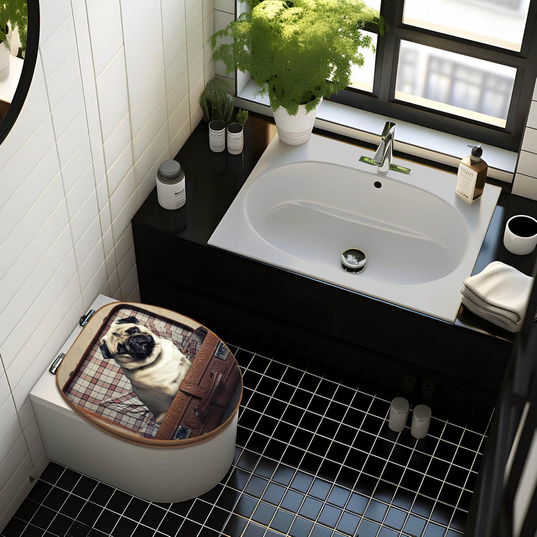 banjado® Design WC Sitz Bambus Absenkautomatik mit Motiv Mops im Koffer/Toilettendeckel mit Absenkau