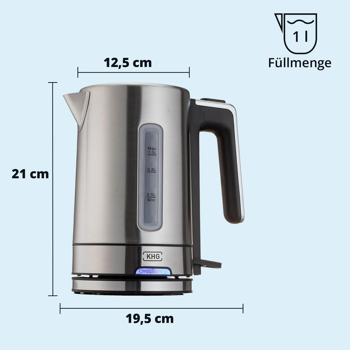 KHG Wasserkocher WK-105 ES Edelstahl, 1 Liter Kapazität | LED-Schaler, Kalkfilter, Wasserstandsanzei