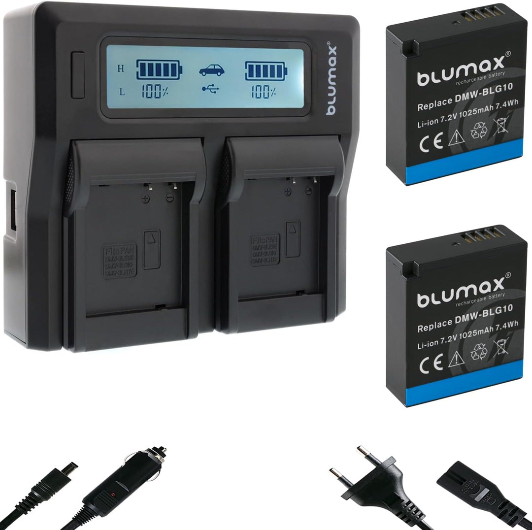 2X Blumax DMW BLG10e Akku 1025mAh + Dual LCD-Ladegerät - Panasonic Lumix Panasonic Lumix DC-TZ95D DC