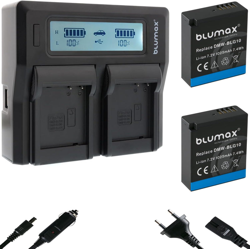 2X Blumax DMW BLG10e Akku 1025mAh + Dual LCD-Ladegerät - Panasonic Lumix Panasonic Lumix DC-TZ95D DC