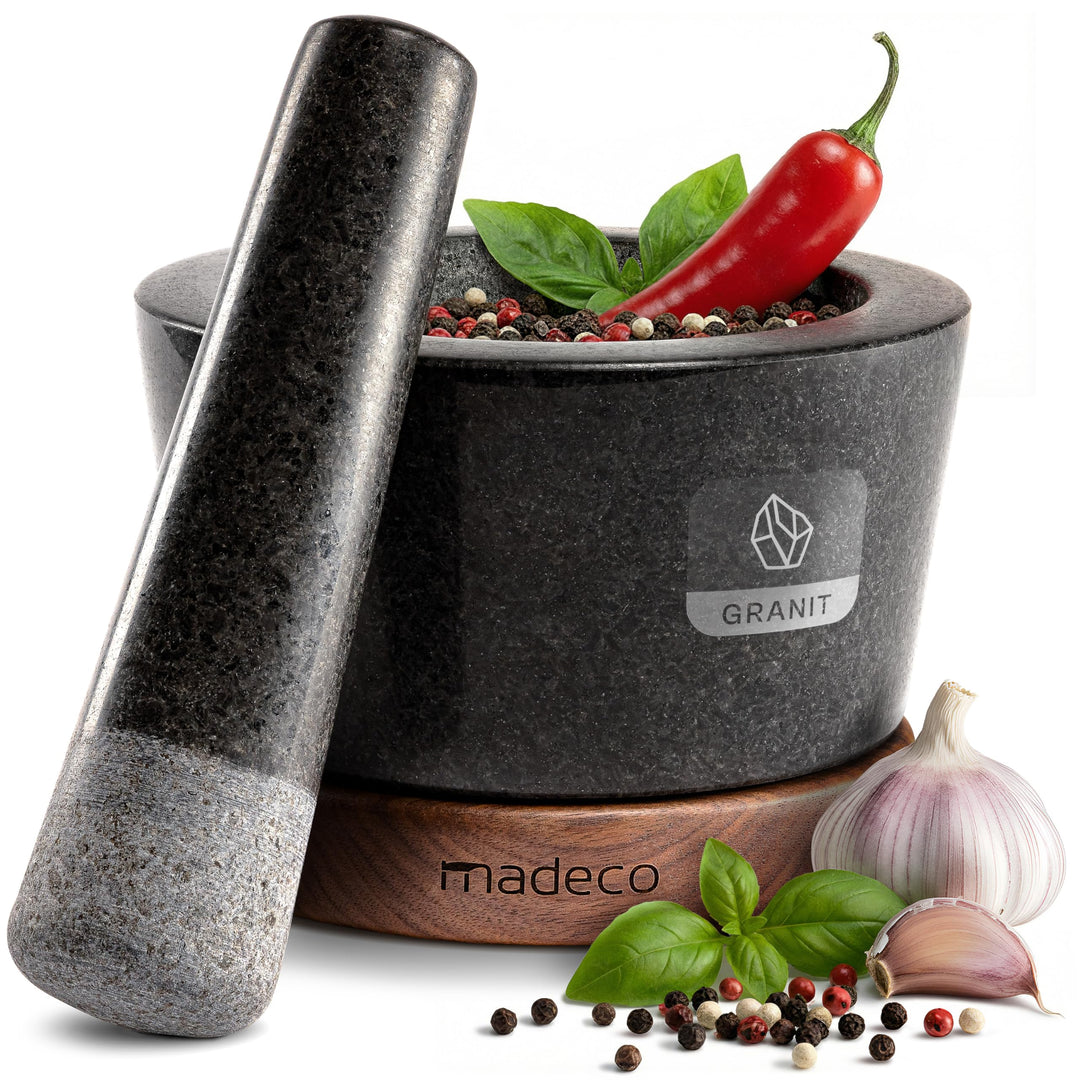 madeco Mörser mit Stössel Granit auf Holzsockel Nussbaum Ø 14,5 cm - Perfekt geeignet für Gewürze, K