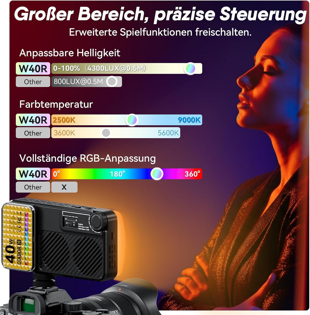 Moman Kleines LED-Kameralicht 40W, Full RGB Videoleuchten mit Diffusor, APP-Steuerung, 2500-9000K, C