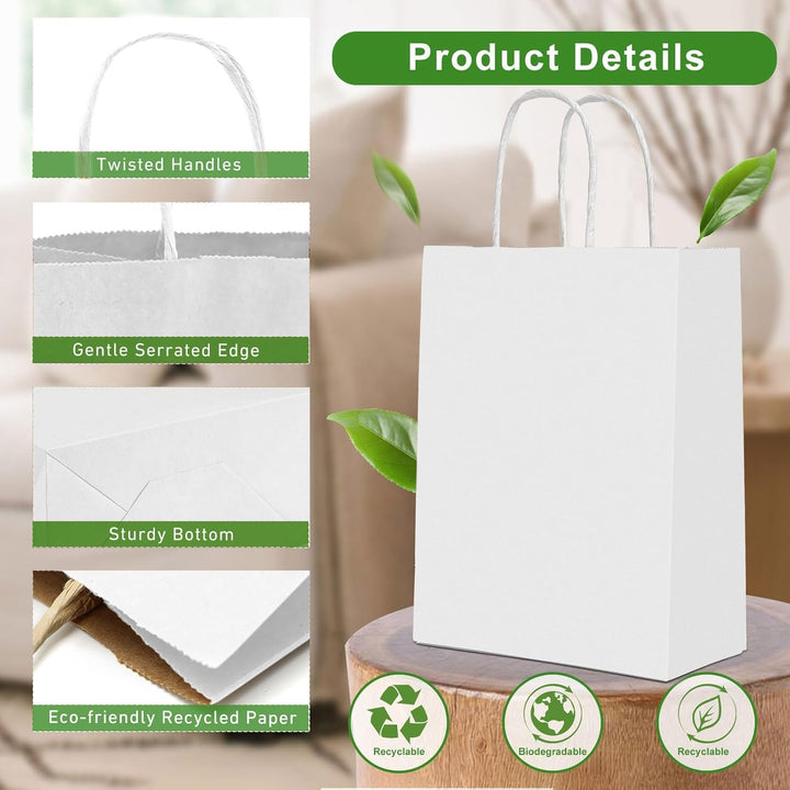 Gucass 50 Stück Gross Papiertüten mit Henkel, Weiss Kraft Papiertaschen Geschenktüten, 26x12x33cm Pa