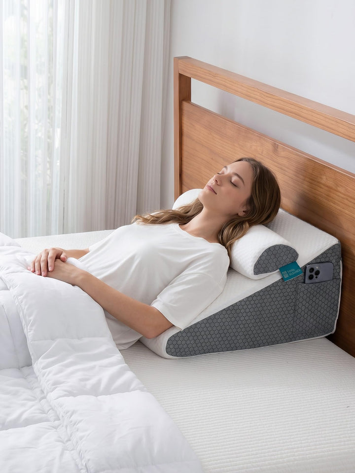 Keilkissen mit extra Nackenrolle, Bettkeilkissen für Schlafapnoe, Linderung von Säurereflux, Rückens