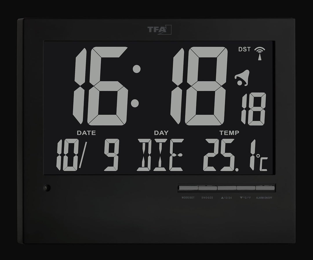 TFA Dostmann Digitale Funkuhr mit automatischer Hintergrundbeleuchtung, mit Innentemperatur, Datum,