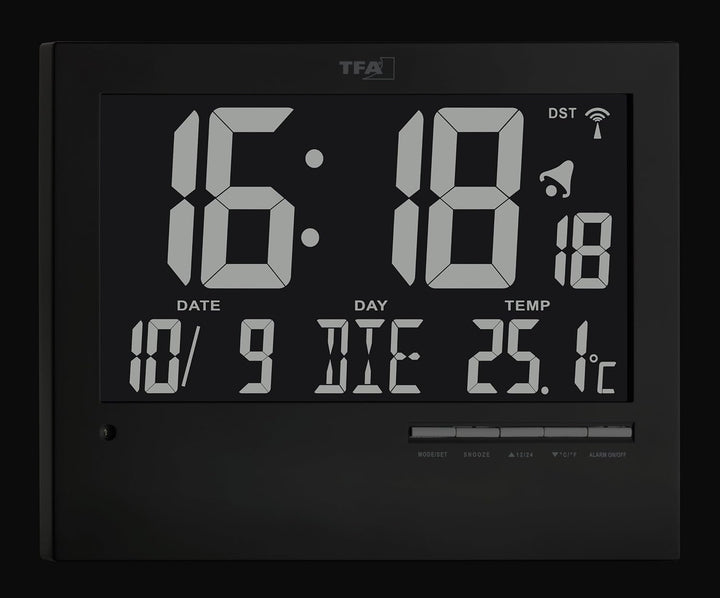TFA Dostmann Digitale Funkuhr mit automatischer Hintergrundbeleuchtung, mit Innentemperatur, Datum,