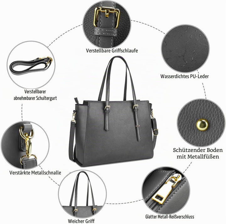 NEWHEY Handtasche Damen Shopper Damen Grosse Schwarz Gross Laptop Tasche 15.6 Zoll Elegant Leder Umh