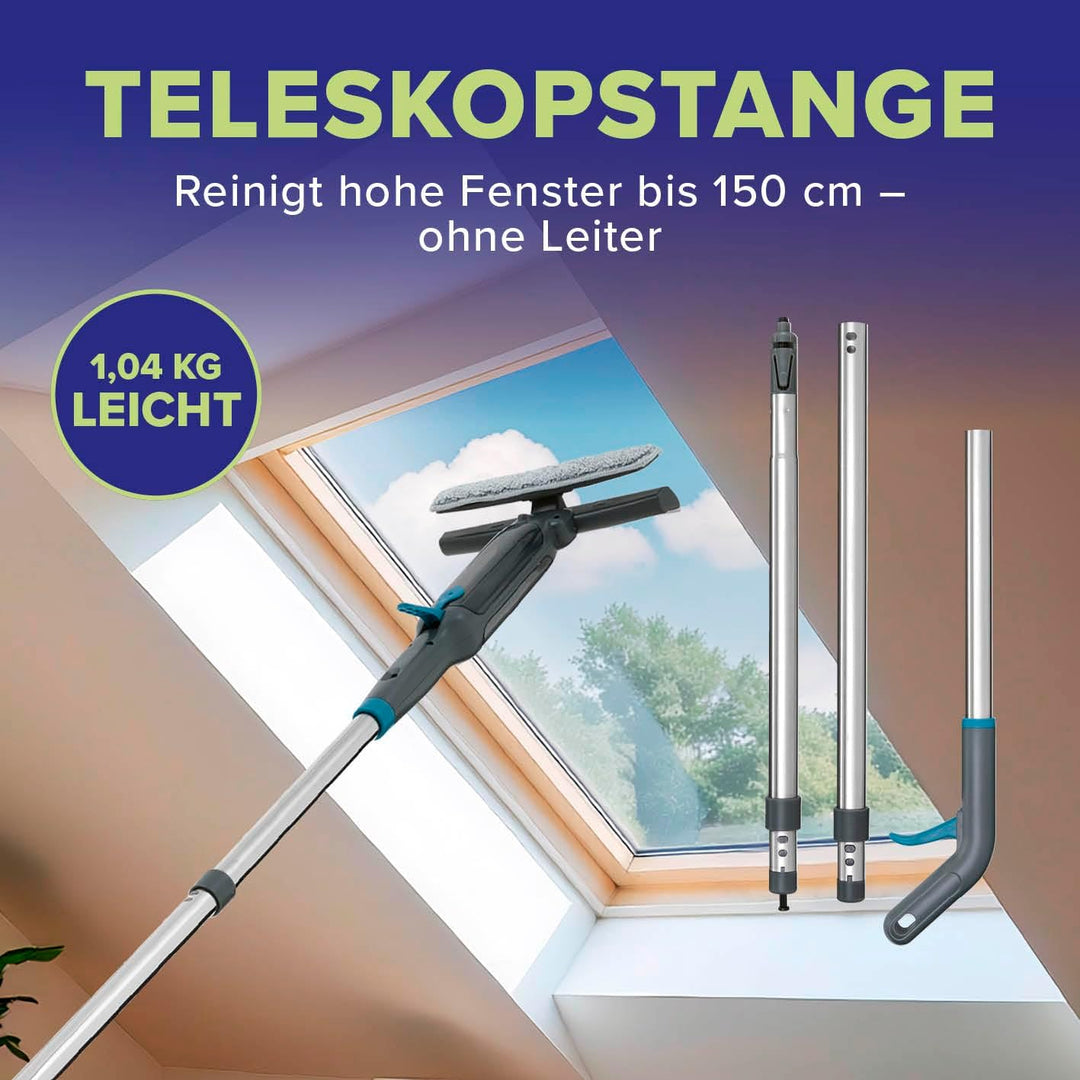 Fensterreiniger Set - Fensterabzieher mit 3-in-1 Sprüh-, Wisch- und Auffangfunktion - Abzieher ohne